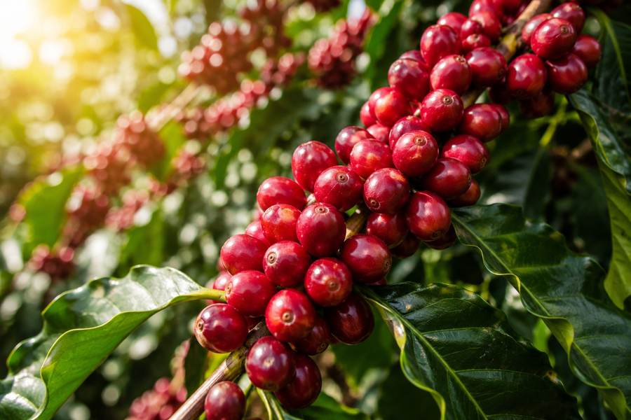 Ripe red coffee cherries on the branch in the Gayo highlands