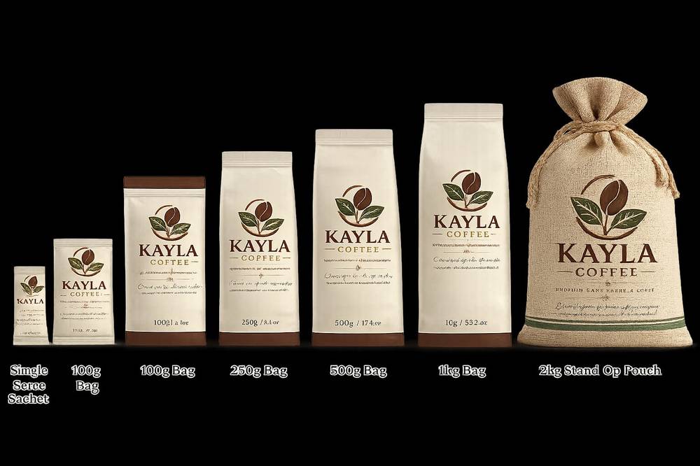 Kayla Coffee retail packaging range from single-serve sachet to 2 kg pouch